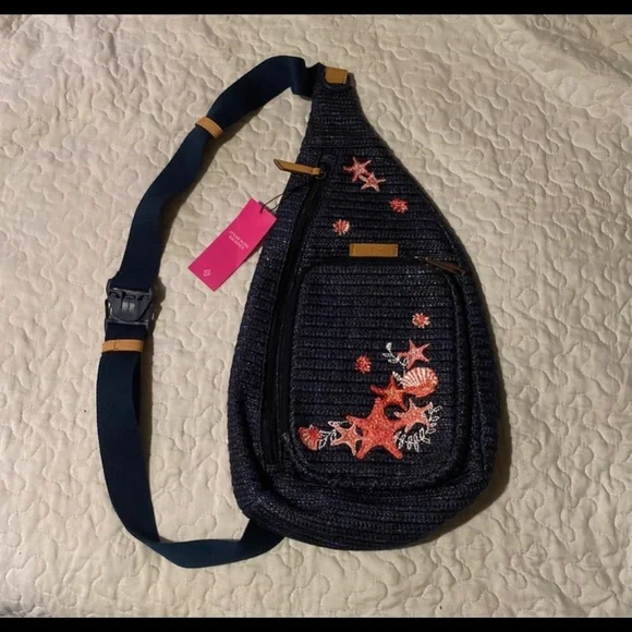 Vera Bradley Navy Straw Starfish Embroidered Sling Backpack and Wristlet Set NEW Vera Bradley Sling Backpack Woven Straw Bag Navy Blue  main image 3
